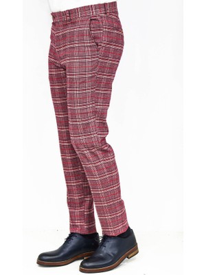 Wessi Ekose Desenli Slim Fit Bordo Erkek Pantolon