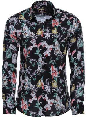 Wessi Çiçek Kuş Desenli Slim Fit Uzun Kollu Siyah Erkek Gömlek