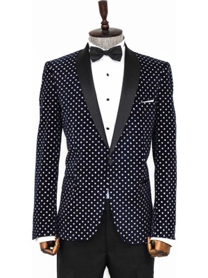 Wessi Nokta Desenli Slim Fit Lacivert Erkek Smokin Ceket