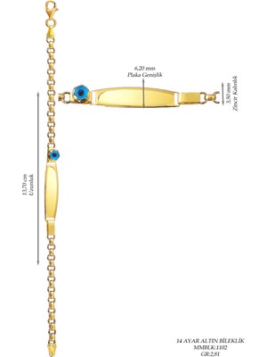 Moom Mücevherat Çocuk 14 Ayar Altın Nazar Göz Taşlı Künye Bileklik