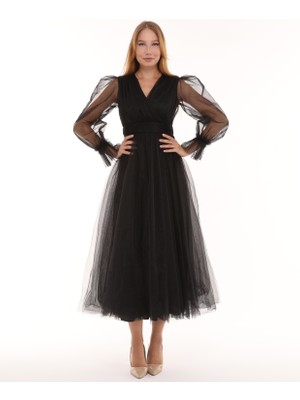 Asees Önü Kruvaze Uzun Kol Tül Abiye Elbise