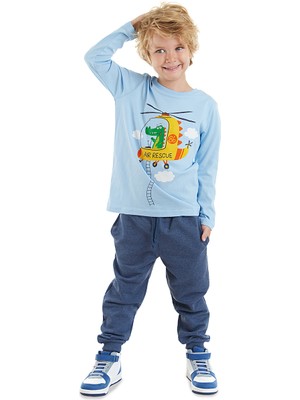 Denokids Helikopter Erkek Çocuk Mavi T-Shirt Pantolon Takım