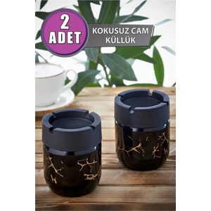 Grimor Life 2 Adet Siyah Mermer Desenli Dekoratif Cam Kokusuz Küllük Seti 425 cc
