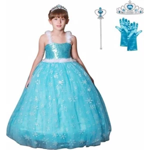 Butik Happy Kids Prenses Elsa Askılı Kostüm Taç Asa Eldiven Hediyeli 1-12 Yaş