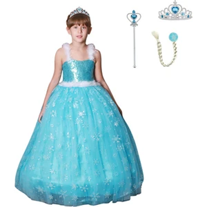 Butik Happy Kids Kız Çocuk Prenses Askılı Elsa Kostüm Taç Asa Saç Hediyeli 1-12 Yaş