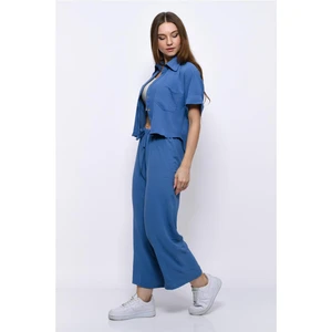 Aerobin Crop Gömlek Beli Lastikli Pantolon 2li Takım Mavi