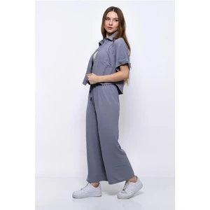 Aerobin Crop Gömlek Beli Lastikli Pantolon 2li Takım Gri