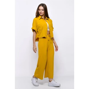 Aerobin Crop Gömlek Beli Lastikli Pantolon 2li Takım Sarı