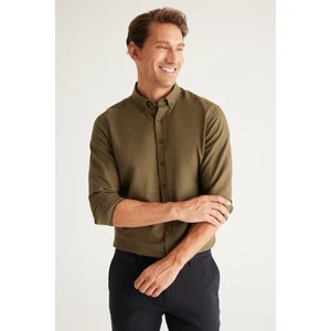 Altınyıldız Classics Erkek Haki Düğmeli Yaka Kolay Ütülenebilir Pamuklu Slim Fit Dar Kesim Oxford Gömlek