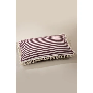 Tekli Özel Tasarım Bordo Çizgili Keten Ponponlu Kırlent Yastık Kılıfı 35x55 cm