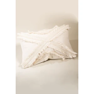 Tekli Özel Tasarım Krem Çoklu Püsküllü Keten Kırlent Yastık Kılıfı 35x55 cm