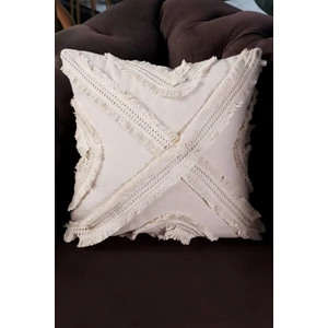 Tekli Özel Tasarım Krem Çoklu Püsküllü Keten Kırlent Yastık Kılıfı 43x43 cm