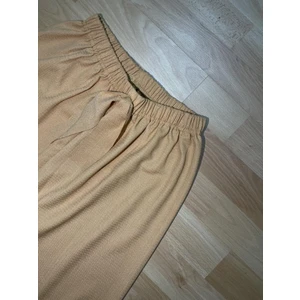 Kadın Beli Lastikli Bol Paça Oversize Bürümcük Kumaş Uzun Hardal Pantolon