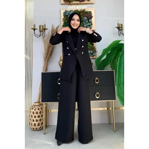 Bym Fashion DüğmeBlazer Ceket Bol Pantolon Takım 8302 Siyah