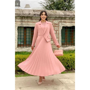 Bym Fashion Bym Ceket Görünümlü Eteği Piliseli Elbise 3700 Pudra