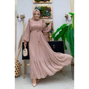 Bym Fashion Bym Piliseli Fırfır Görünümlü Bel Kuşaklı Şifon Elbise 3628 Taş