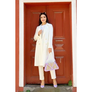 Bym Fashion Bym Cep ve Düğme Görünümlü Uzun Ceket Pantolon Takım 8357 Ekru