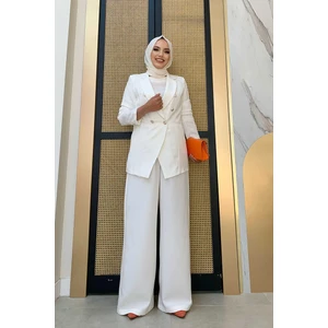 Bym Fashion Bym Düğme Detay Blazer Ceket Bol Pantolon Takım 8302 Ekru