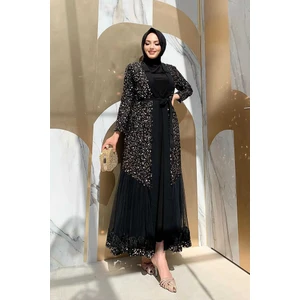 Bym Fashion Bym Tül Işleme Detay Pul Payetli Abaya 7376 Gold