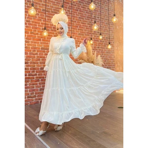 Bym Fashion Bym Kat Kat Görünümlü Bel Kuşaklı Fırfırlı Elbise 3495 Ekru