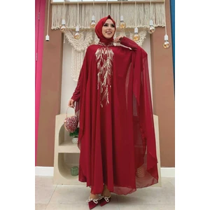 Bym Fashion Bym Pul Payet Işlemeli Şifon Pelerinli Elbiseli Abiye Takım 3774 Bordo