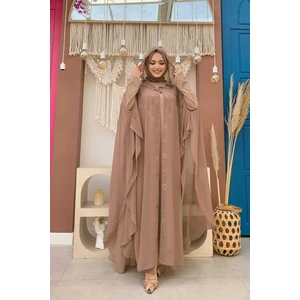 Bym Fashion Bym Kapişonlu Taş Işlemeli Şifon Pelerinli Abiye Takım 3779 Vizon