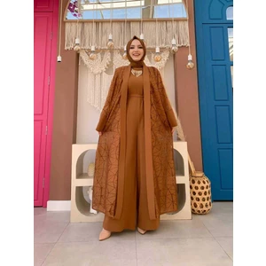 Bym Fashion Bym Dantel Abaya Bel Kuşaklı Cep Detaylı Tulum Takım 3782 Taba
