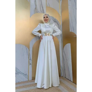 Bym Fashion Bym Göğüs Kısmı Kat Şerit Detay Bel Kemer Aksesuarlı Abiye Elbise 3792 Ekru