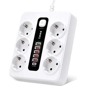 Eco Center Akım Korumalı 6'lı Grup Priz, 5'li USB Şarj,1 Adet Type-C Şarj Girişi, 2 M KABLO,3000W (Beyaz)