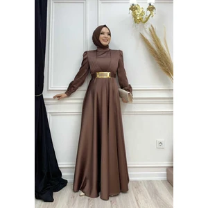 Bym Fashion Bym Göğüs Kısmı Kat Şerit Detay Bel Kemer Aksesuarlı Abiye Elbise 3792 Kahverengi