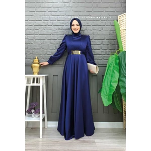 Bym Fashion Bym Göğüs Kısmı Kat Şerit Detay Bel Kemer Aksesuarlı Abiye Elbise 3792 Lacivert