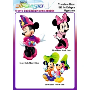 F17 Ajans Minnie Mickey Mouse 3 Adet Ütü ile Yapışan Tekstil Dtf Baskı