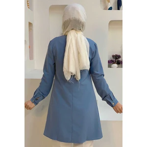 Bym Fashion Kol Manşetleri Düğmeli Bisiklet Yaka Uzun Tunik 2649 Indigo