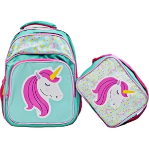 3 Bölmeli Ilkokul Okul Sırt Çantası ve Beslenme Çantası Unicorn Turkuaz-Pembe