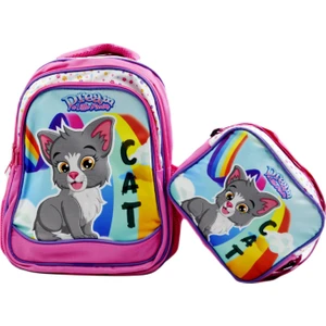 3 Bölmeli Ilkokul Okul Sırt Çantası ve Beslenme Çantası Kedi Pembe