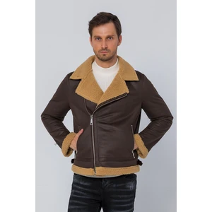 Erkek Regular Fit İçi Yünlü Fermuar Detaylı Deri İşçilikli Klasik Deri Mont
