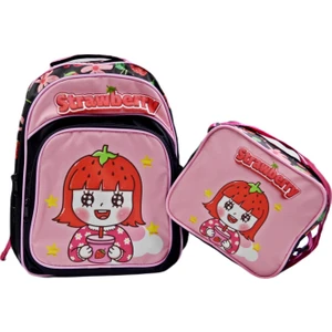 3 Bölmeli Ilkokul Okul Sırt Çantası ve Beslenme Çantası Strawberry Pembe-Siyah