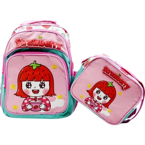 3 Bölmeli Ilkokul Okul Sırt Çantası ve Beslenme Çantası Strawberry Turkuaz-Pembe