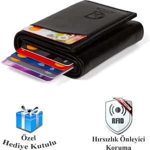 Erkek Siyah Orijinal Mekanizmalı Nakit Para Bölmeli RFID Hırsızlık Koruyuculu Özel Kutulu Çıtlı Deri Cüzdan Kartlık