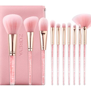 10 Lu Süper Yumuşak Kristal Makyaj Fırça Seti + Fermuarlı Pembe Çanta