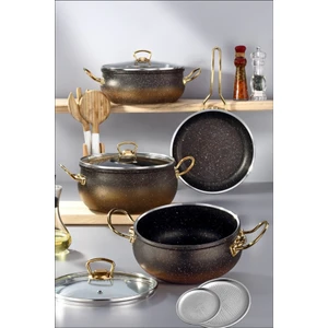 9 Parça Gold Kulp  Siyah Granit Tencere Seti - 24 cm (  Sarma Altlığı Hediye)