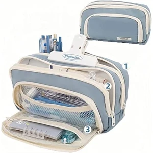 3 Bölmeli Büyük Kapasiteli Kalem Kutusu - Mavi (Yurt Dışından)