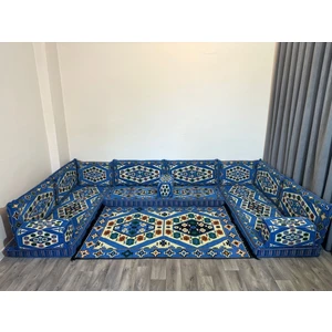 Şark Köşesi Yörük Desenli Minder, 120x180 cm Kilim Takımı Konsept Mavi