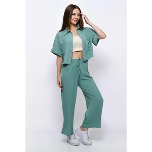 Aerobin Crop Gömlek Beli Lastikli Pantolon 2li Takım Suyeşili
