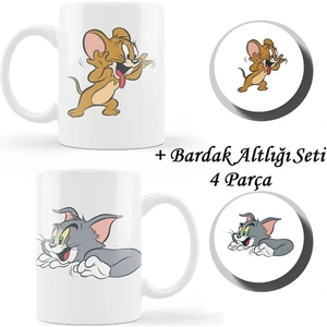 Hobi Shop Hediyelik Özel Tasarım 2'li Kupa Tom ve Jerry Kupa ve Bardak Altlığı Seti Çift Kupası Sevgili Kupası