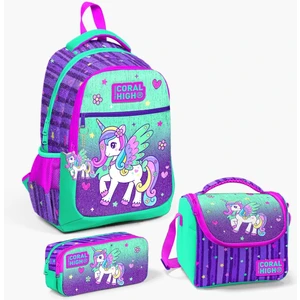 Coral High Kids Mor Su Yeşili Unicorn Desenli 3’lü Okul Çanta Seti Set 23487-MİX3