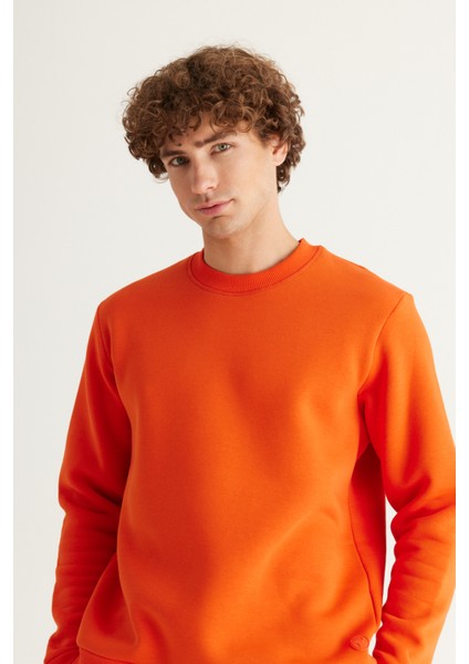 Erkek Turuncu Standart Fit Normal Kesim Içi Polarlı 3 Iplik Bisiklet Yaka Pamuklu Sweatshirt