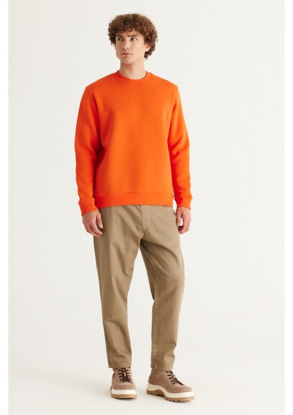 Erkek Turuncu Standart Fit Normal Kesim Içi Polarlı 3 Iplik Bisiklet Yaka Pamuklu Sweatshirt
