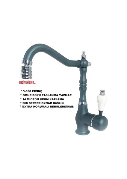 Banyo Lavabo Kısa Antrasit Krom Antik Batarya