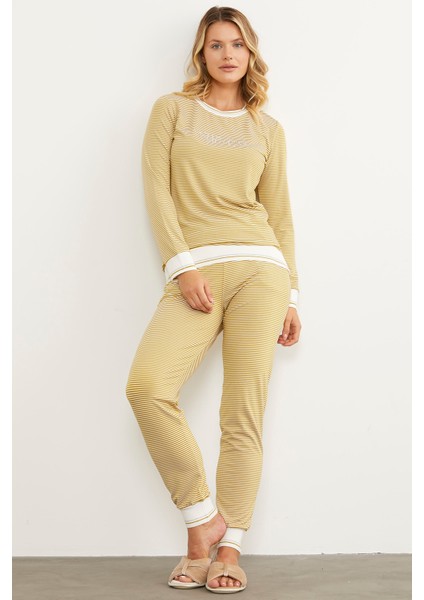 Çizgili Sıfır Yaka Pijama Takım - Hardal indirimleri